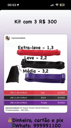 Kit com 3 super bands Extra leve, leve e média R$ 200