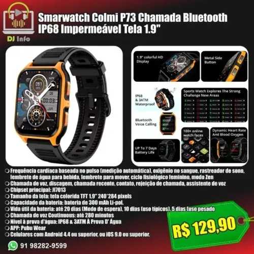 Smarwatch Colmi P73 Chamada Bluetooth IP68 Impermeável Tela 1.9"