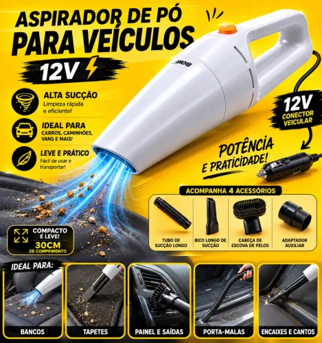 Aspirador de Pó Veicular 12V: compacto, potente e perfeito para deixar bancos, tapetes
