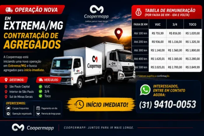 Oportunidade para Agregados em Extrema/MG - Excelentes Tabelas por KM