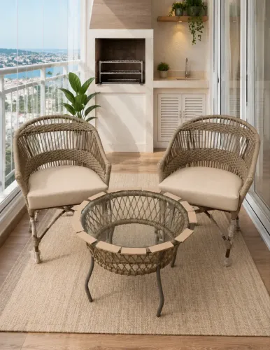 Conjunto jardim area externa poltronas aparador alumínio corda nautica