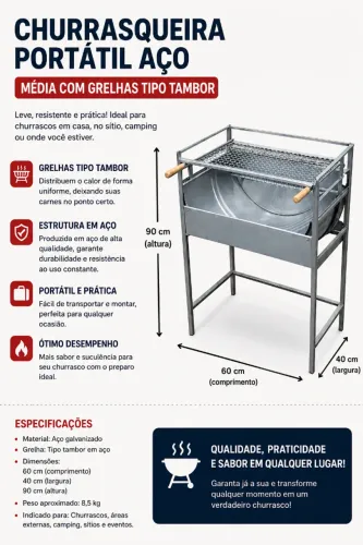 Churrasqueira Portátil Aço GRANDE Com Grelhas Tipo Tambor