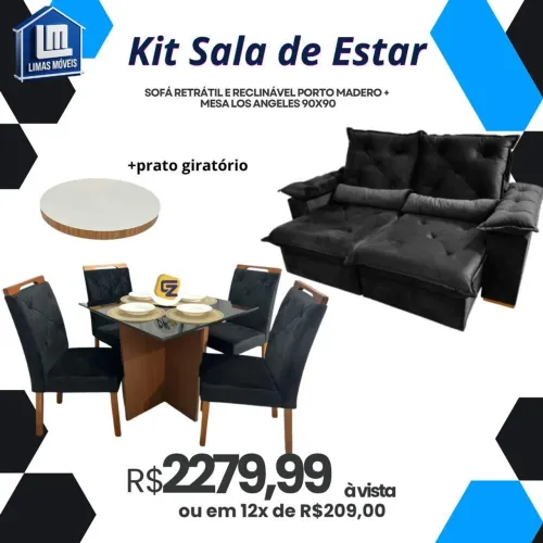 Sofá Retrátil e Reclinável Porto Madero + Mesa Los Angeles 90x90 + Prato Giratório