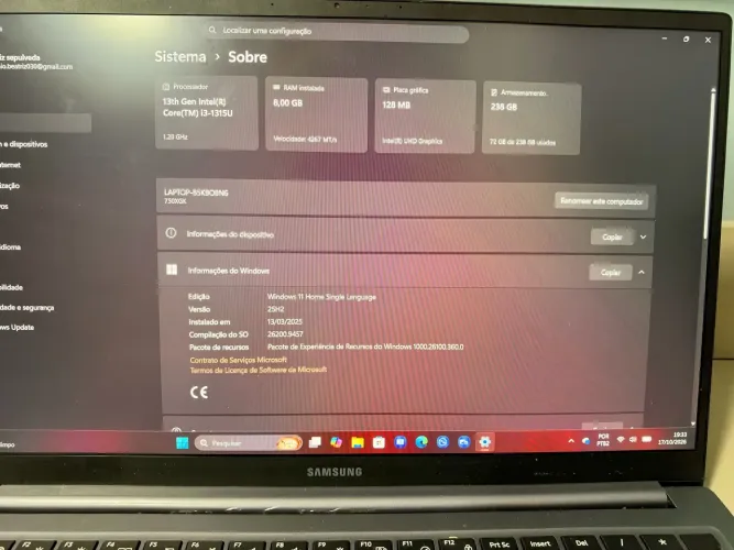 Notebook Samsung Galaxy Book4 Intel Core i3 13ª Geração, 8GB RAM, SSD 256GB