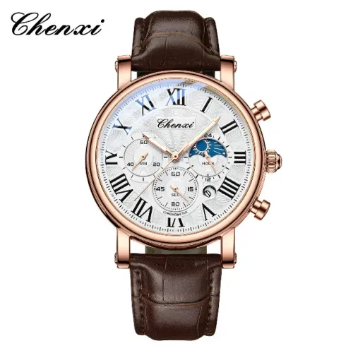 Relógio Masculino Chenxi 973 Cronógrafo Couro Marrom Rose Gold
