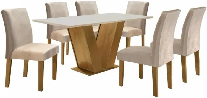 Mesa de Jantar 6 Cadeiras Com Tampo Laqueado 1,70m Off-White/Bege