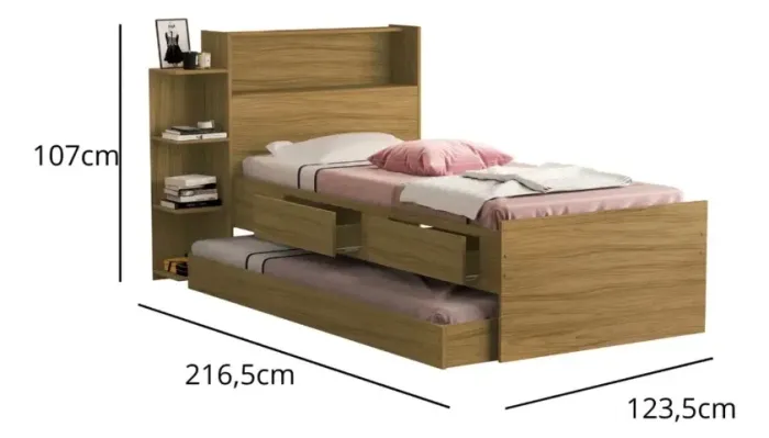 Cama Solteiro com Auxiliar e Gavetas