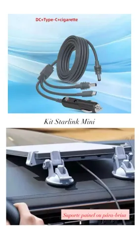 Kit para Starlink mini - 1 suporte veicular painel ou vidro e carregador 3 em 1