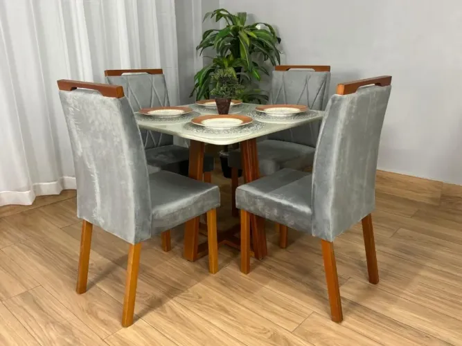 Mesa de Jantar 90x90 Off White com 4 Cadeiras Veludo Cinza