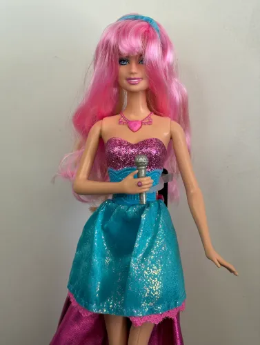 Boneca Barbie 1998 | Cantora  Pop Star Fashionista Vestido Rosa e Azul com Microfone