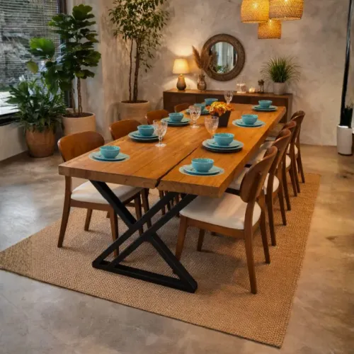 Mesa de Jantar Prancha Sem Emenda Madeira Maciça de Lei Pé de Aço Galvanizado