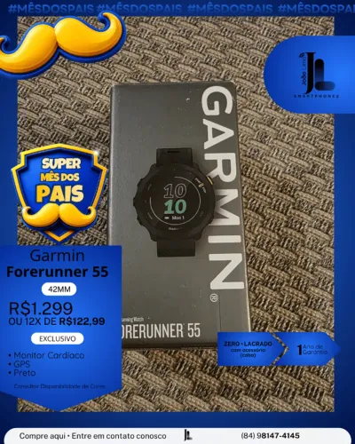 RELÓGIO GARMIN FORERUNNER 55, 42MM, PRETO, LACRADO, EXCLUSIVO!