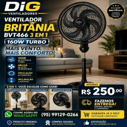 Vende-se Ventilador 3/1 Britânia - 160W Grande Coluna/Parede e Mesa R$ 250 Fazemos Entrega