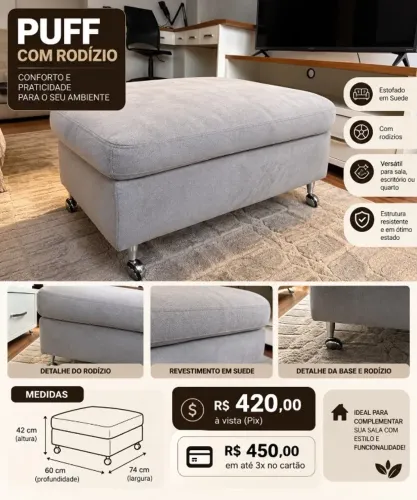 PUFF COM RODÍZIO EM SUEDE