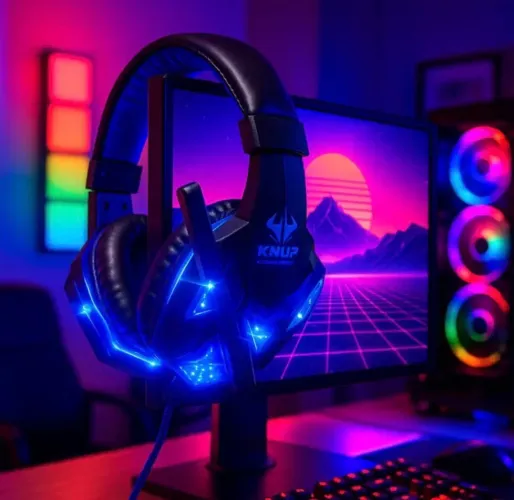 Headset Gamer Krup LED Azul Com Microfone - Para PC, PS4, Notebook e Consoles
