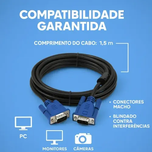 Cabo Vga Macho 1,5m Para Monitor Pc Notebook Projetor Datashow Tv Lcd 