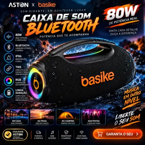 Caixa de Som Bluetooth Basike 80W com RGB e Proteção IPX6 (novo na caixa)
