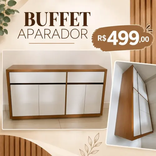 APARADOR BUFFET OFF WHITE E MADEIRA COM 4 PORTAS E 2 GAVETAS POR APENAS R$ 499