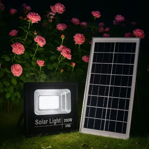 Refletor Solar Led Holofote 200w Placa Bateria Prova Dágua Preto Branco-frio