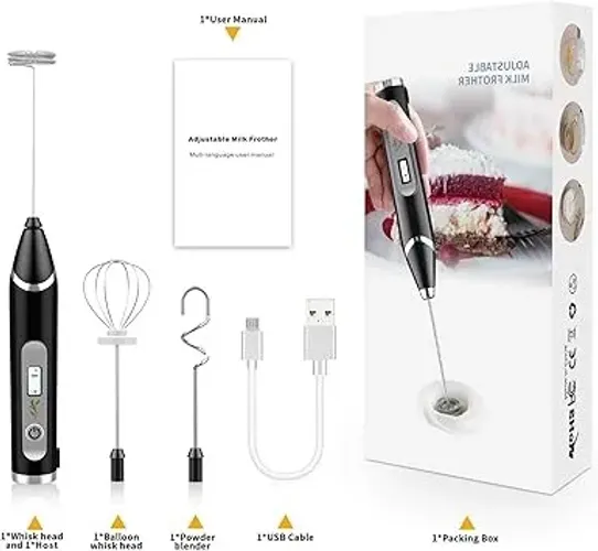 Espumador de leite elétrico portátil recarregável via USB com 3 velocidades ajustáveis