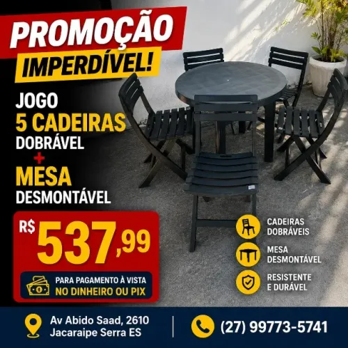 Conjunto 5 Cadeiras Dobrável + Mesa Desmontável