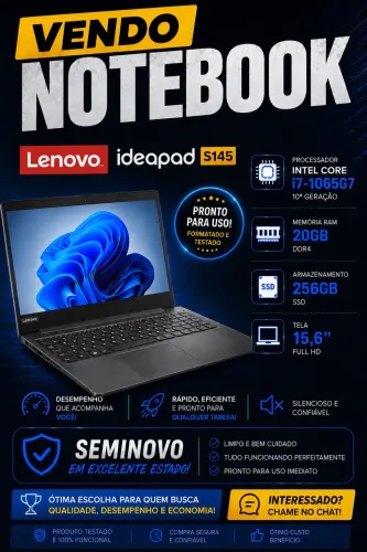 Notebook Lenovo Ideapad S145 | Intel i7 10ª Geração | 20GB RAM | SSD 256GB | Seminovo