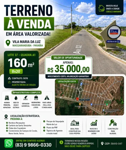 Terreno Pronto para Construir em Área Valorizada | Massaranduba - PB