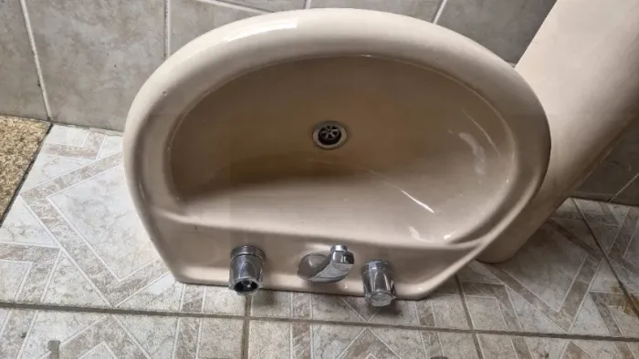 Lavatorio de banheiro bege com coluna e torneira com duas saidas de agua