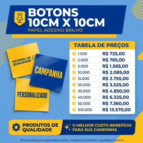 Botons 10x10cm Papel Adesivo Brilho - Visibilidade Máxima