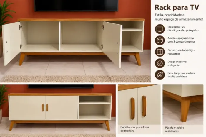 Rack com Detalhes em Madeira - Bege e Amadeirado