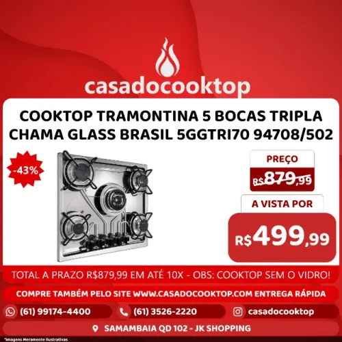 COOKTOP TRAMONTINA 5 BOCAS TRIPLA CHAMA GLASS BRASIL 5GGTRI70 94708/502