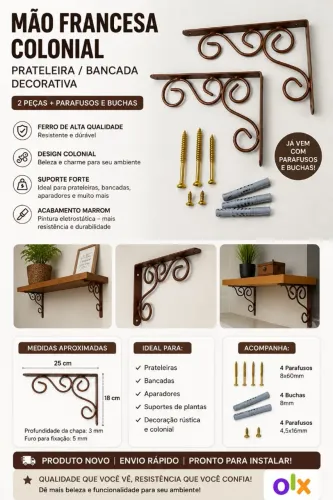 Mão Francesa Colonial para Prateleira e Bancada - Kit com 2 Peças