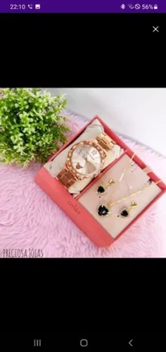 Kit relógio resistente a água feminino + colar e brincos presente namoro