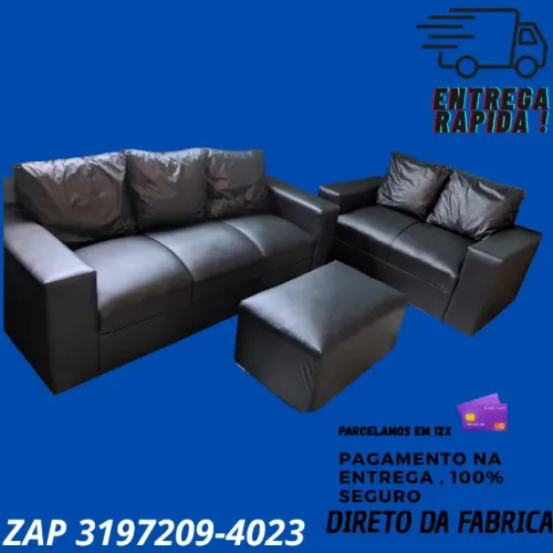 Sofás de Couro Sintético + Puff - 3 e 2 Lugares com Estilo e Conforto