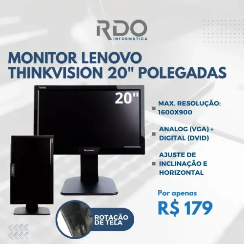 Monitor Lenovo ThinkVision 20" 1600x900 VGA DVI com Ajustes Ergonômicos | Alta resolução!