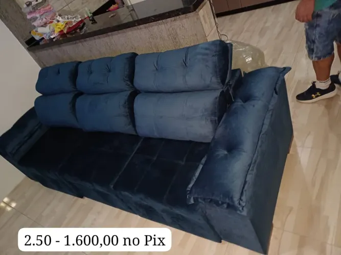 Sofa Retratil 2.50 Pronta Entrega - Veludo Azul e.Cinza
