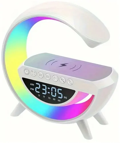 Luminária de Mesa RGB com Carregamento por Indução e Despertador