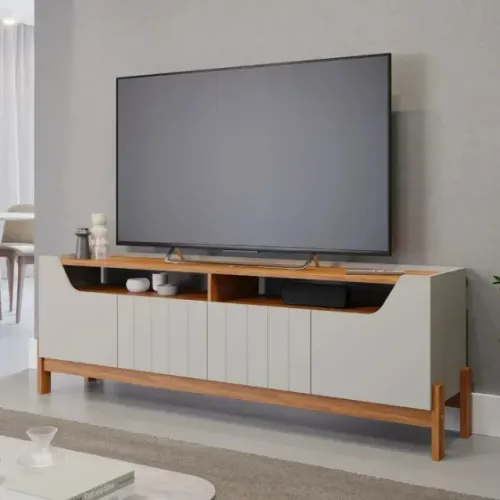 "Sofisticação em Cada Detalhe: Rack Bancada Moema Ripado 185cm para TV até 70? com 4 Porta
