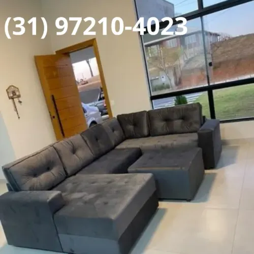 Sofá Grande com Chaise e Puff | Modelo Toro 3,10m - Suede + Molas