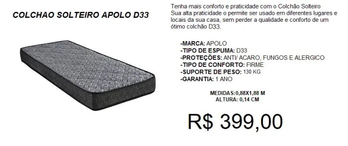 COLCHÃO D33 COM SUPORTE DE ATÉ 130 KG/ PESSOA