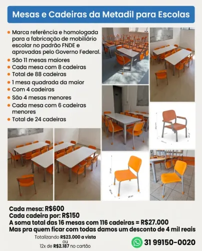Mesas e Cadeiras da Metadil para Escolas
