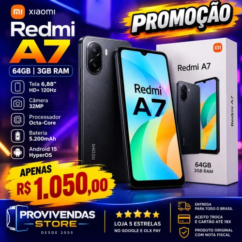 Xiaomi Redmi A7 64GB 3GB RAM Tela 6,88 HD+ 120Hz Câmera 32MP Bateria 5200mAh Android 15<br>