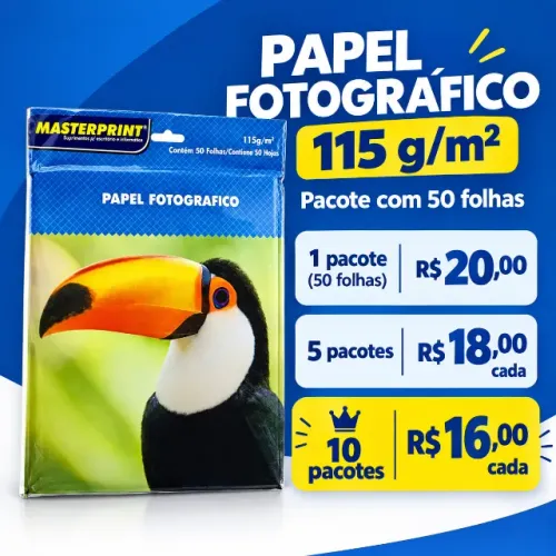 Papel Fotográfico Glossy A4 115g/m2 Masterprint. Pacote com 50 folhas