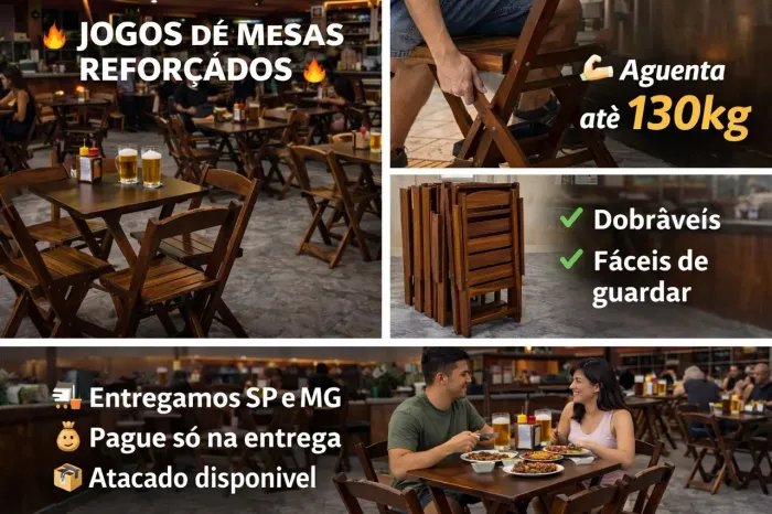 .Jogo de Mesa Dobrável Reforçada + Cadeiras | Bar e Lanchonete