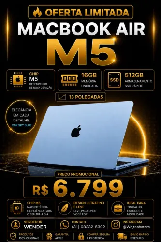 MacBook Air M5 - 13? 16GB / 512GB Cor disponível: Sky Blue