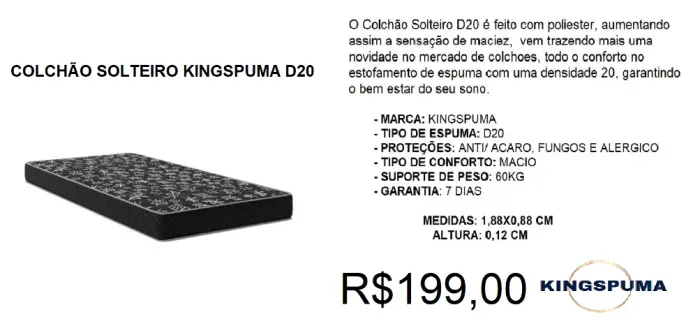 COCLHÃO D20 - KINGSPUMA -SOLTEIRO - COMPRE HOJE E RECEBA EM ATÉ72 HORAS