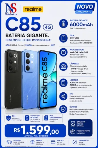 Celular Realme C85 256GB 8GB RAM Azul 4G (NFC) 256GB, Azul Preto Novo entregamos