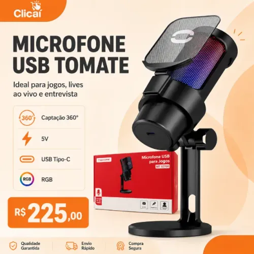 Microfone USB Tomate MT-1070R com RGB