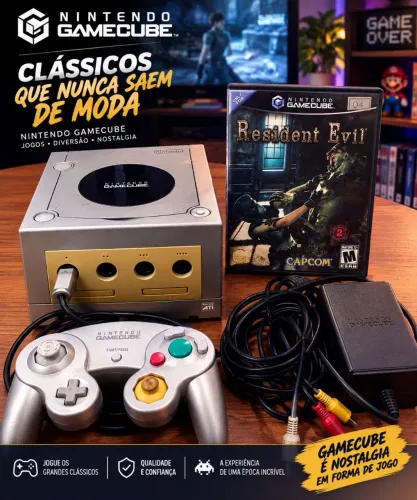 Vídeo game Nintendo game cube original joystick cabo av fonte memory card e residente evil