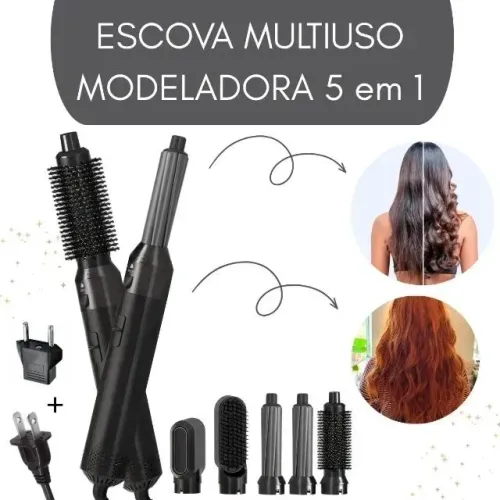 PREMIUM Cinza c/ Preto - Escova 5 em 1 Multiuso 110V - Seca, Modela, Alisa e Penteia